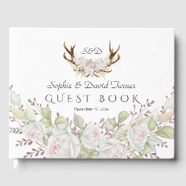 Elegant White Flowers Antlers Monogram Bröllop Gästböcker