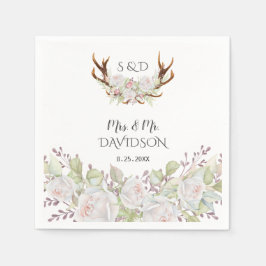 Elegant White Flowers Antlers Monogram Bröllop Pappersservett