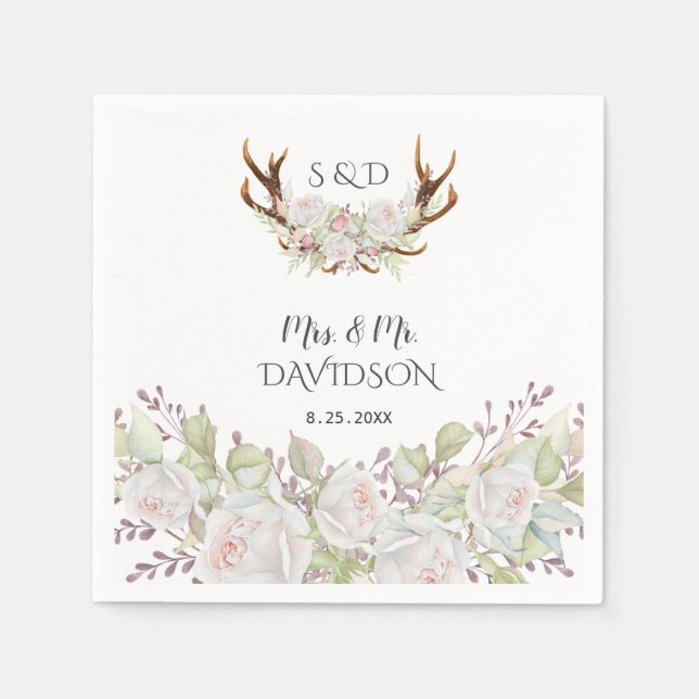 Elegant White Flowers Antlers Monogram Bröllop Pappersservett (Framsidan)