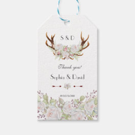 Elegant White Flowers Antlers Monogram Bröllop Presentetikett