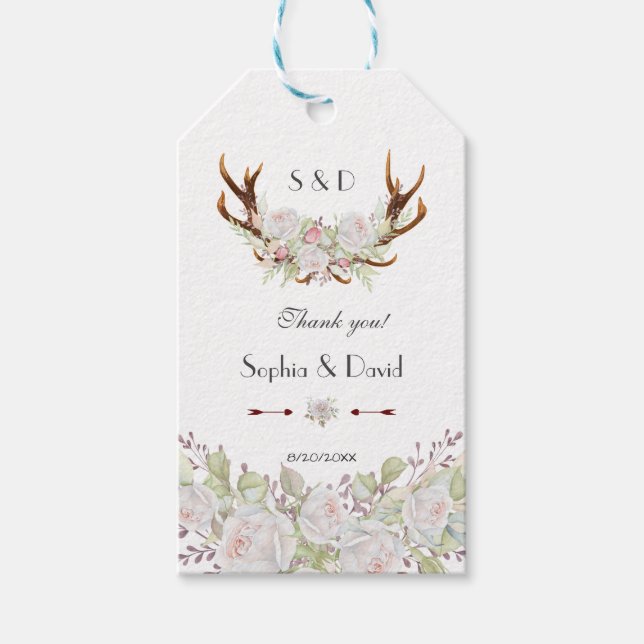 Elegant White Flowers Antlers Monogram Bröllop Presentetikett (Framsidan)