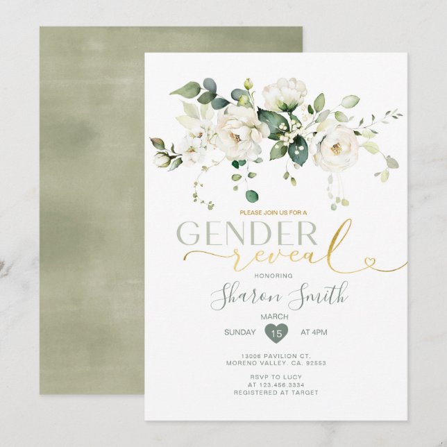 Elegant White Flowers Boy eller Girl Gender Reveal Inbjudningar (Fram/baksida)