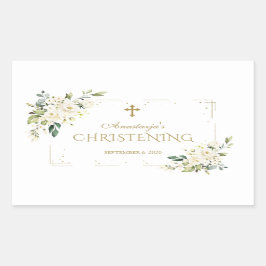 Elegant White Flowers Guld Confetti Christening Rektangulärt Klistermärke