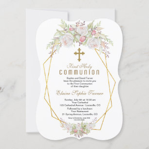 Elegant White Flowers Guld First Heliga Communion Inbjudningar