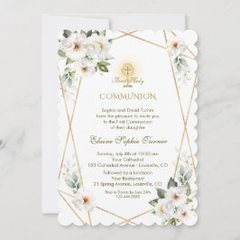 Elegant White Flowers Guld First Heliga Communion Inbjudningar