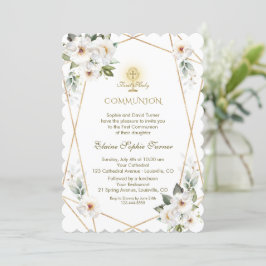 Elegant White Flowers Guld First Heliga Communion Inbjudningar