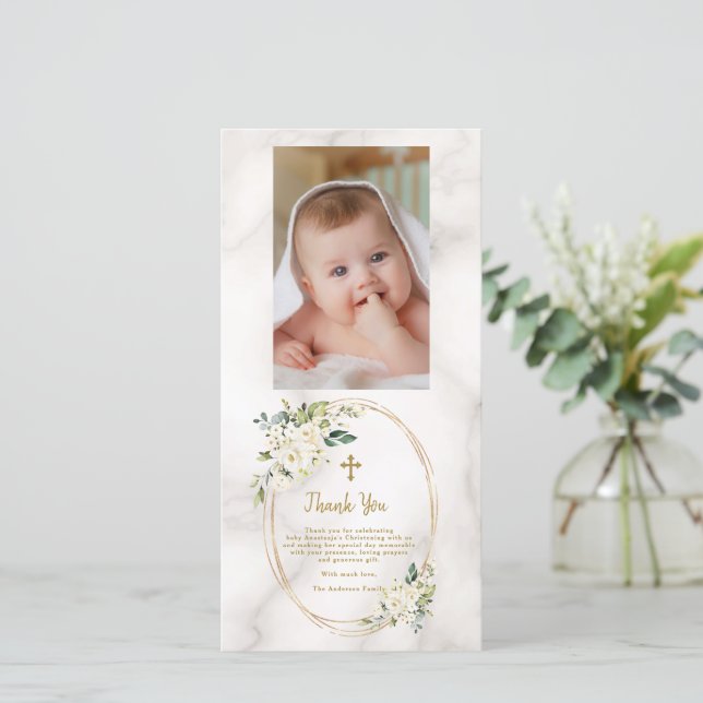 Elegant White Flowers Guld Kor Photo Christening Tack Kort (Stående Fram)