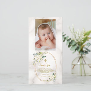 Elegant White Flowers Guld Kor Photo Christening Tack Kort