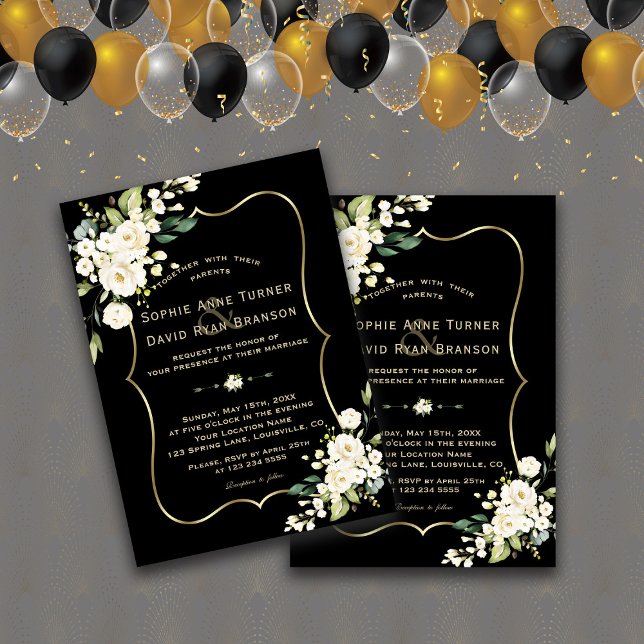Elegant White Flowers Guld Ram Black Bröllop Inbjudningar (trendy elegant modern white floral black gold wedding invitation)