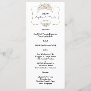 Elegant White Flowers Guld Ram Bröllop Menu Meny