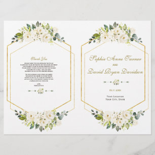 Elegant White Flowers Guld Ram Bröllopsprogram