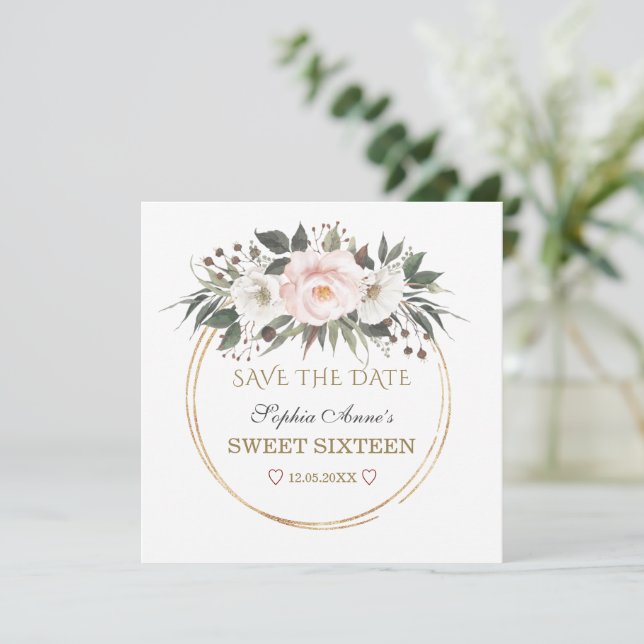 Elegant White  Flowers Guld Sweet sixteen Spara Datumet (Stående Fram)