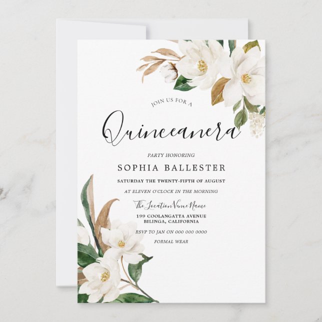 Elegant White Flowers Quinceanera Party Inbjudningar (Framsida)