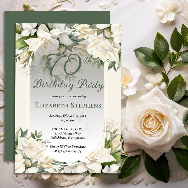Elegant White Gardenia Floral 70th Birthday Party Inbjudningar (Elegant White Gardenia Floral 70th Birthday Party Invitations -- Print | Digital Download)