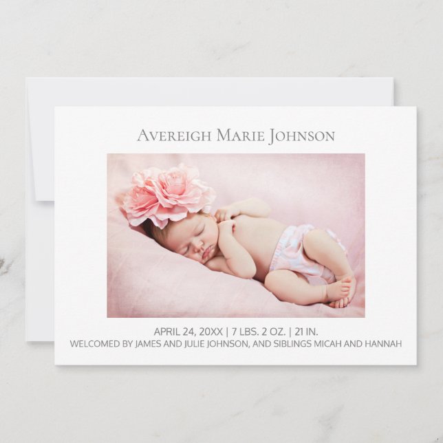 Elegant White Girl eller Boy Photo Birth Notice Meddelande (Framsida)