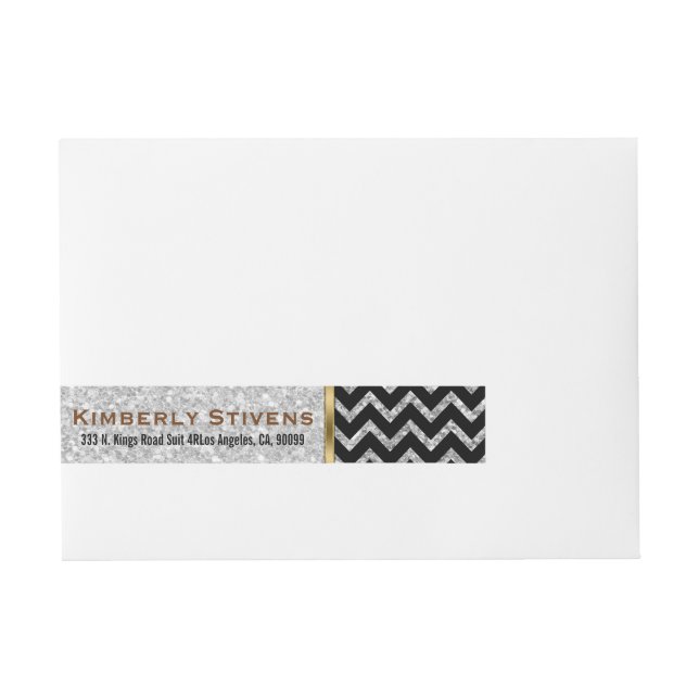 Elegant White Glitter Black Chevron Guld accents Etikettband (Framsidan)