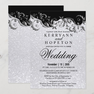 Elegant White Glitter, Black & Silver Bröllop Inv. Inbjudningar