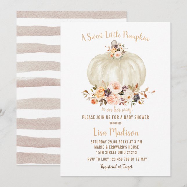 Elegant White Glitter Fall Pumpkin Baby Shower Inbjudningar (Fram/baksida)