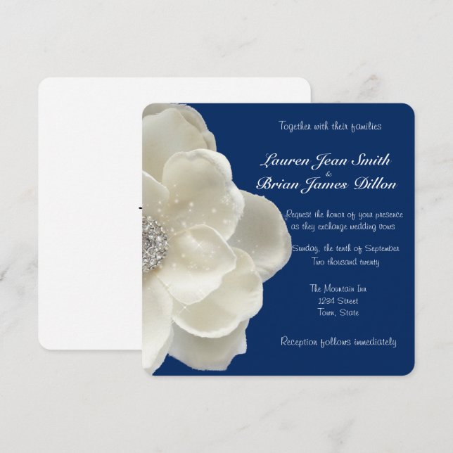 Elegant White, Glitter Flower, bröllopsinbjudan Inbjudningar (Fram/baksida)