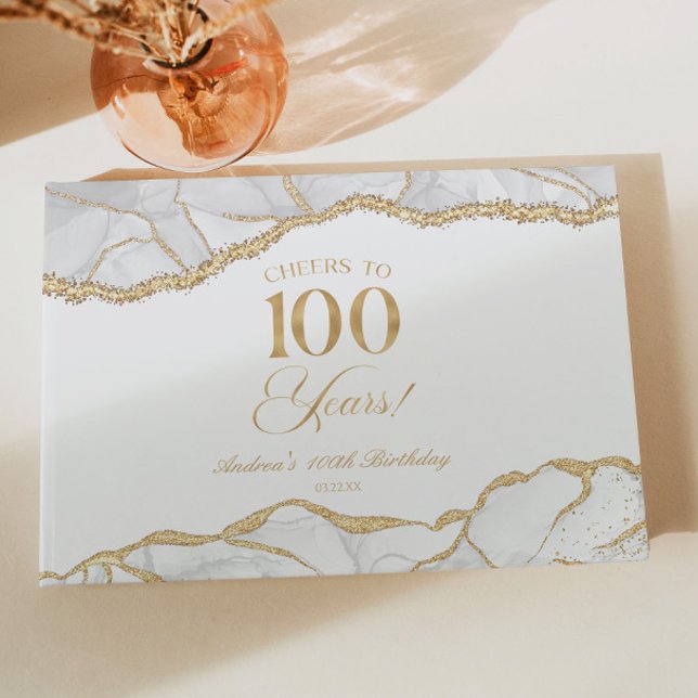 Elegant White Gold Agate 100th Birthday Party Gästböcker (Skapare uppladdad)