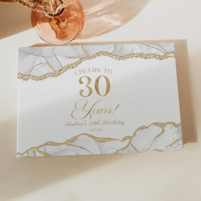 Elegant White Gold Agate 30th Birthday Party Gästböcker (Skapare uppladdad)