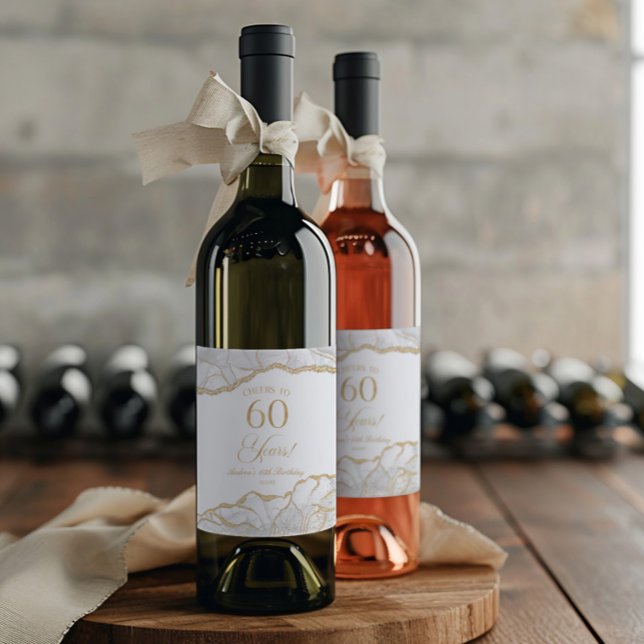 Elegant White Gold Agate 60th Birthday Party Vinflaska Etikett (Skapare uppladdad)