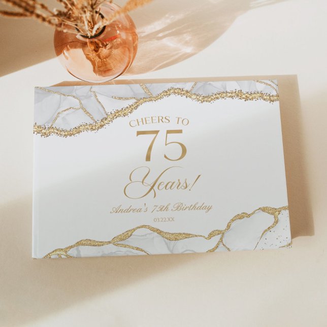 Elegant White Gold Agate 75th Birthday Party Gästböcker (Skapare uppladdad)