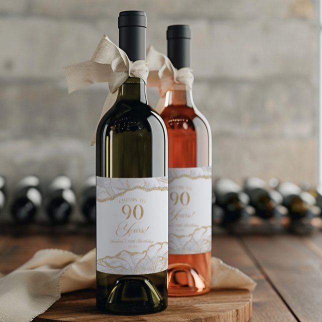 Elegant White Gold Agate 90th Birthday Party Vinflaska Etikett (Skapare uppladdad)