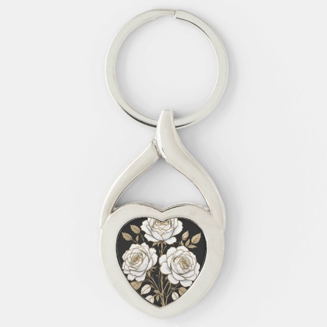 Elegant White & Gold Floral Rose heart key– Luxury Twisted Heart Silverfärgad Nyckelring (Framsidan)