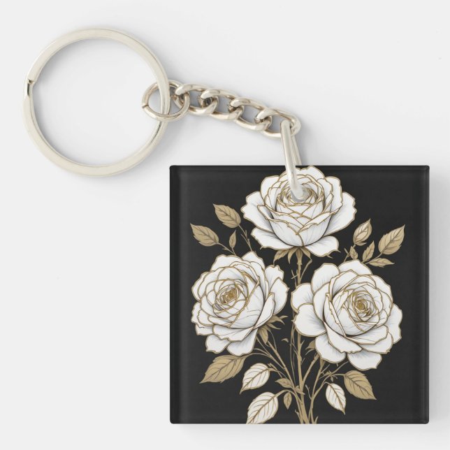 Elegant White & Gold Floral Rose Keychain – Luxury (Framsidan)
