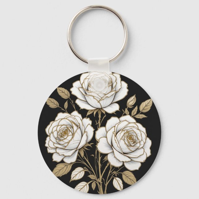 Elegant White & Gold Floral Rose Keychain – Luxury Nyckelring (Framsida)