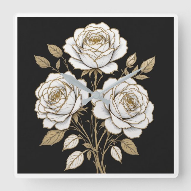 Elegant White & Gold Floral Rose Wall Clock  Fyrkantig Klocka (Framsida)