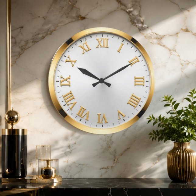  Elegant White & Gold Luxury  Stor Klocka (Skapare uppladdad)