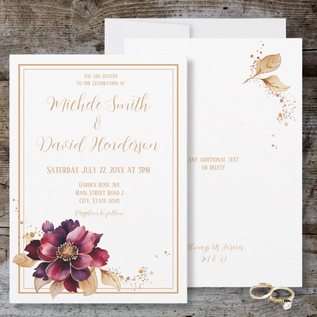 Elegant White Golden Burgundy Watercolor Bröllop Inbjudningar (Elegant White Golden Burgundy Watercolor Wedding Invitation)