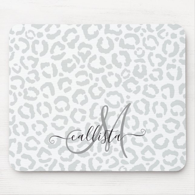 Elegant White Grått Leopard Cheetah Animal Print Musmatta (Framsidan)