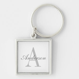 Elegant White & Grått Monogram Fyrkantig Silverfärgad Nyckelring