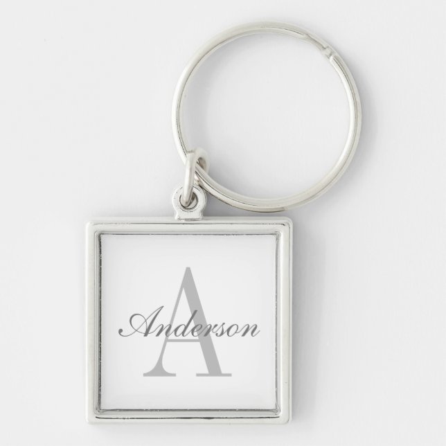 Elegant White & Grått Monogram Fyrkantig Silverfärgad Nyckelring (Framsidan)