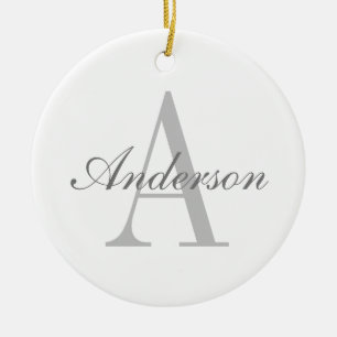 Elegant White & Grått Monogram Julgransprydnad Keramik