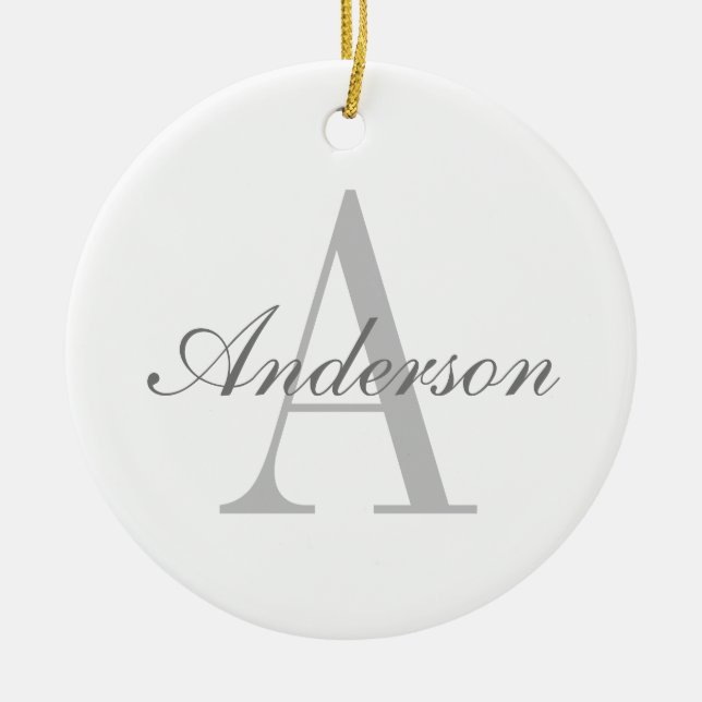 Elegant White & Grått Monogram Julgransprydnad Keramik (Framsidan)