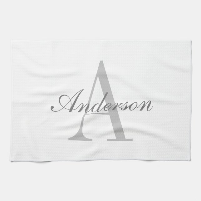 Elegant White & Grått Monogram Kökshandduk (Horisontell)