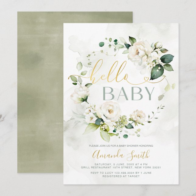 Elegant White Greenery Blommigt Hej Baby Shower Inbjudningar (Fram/baksida)