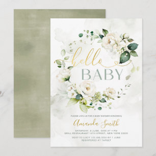 Elegant White Greenery Blommigt Hej Baby Shower Inbjudningar