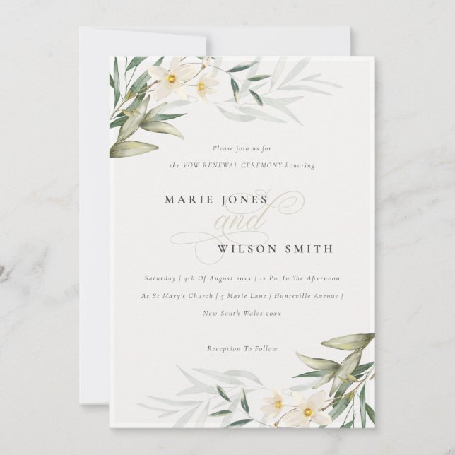 Elegant White Greenery Blommigt Vow Renewal Inbjud Tack Kort (Framsida)