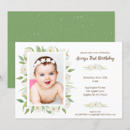 elegant White & Grönt Blommigt Baby 1 födelsedag Inbjudningar