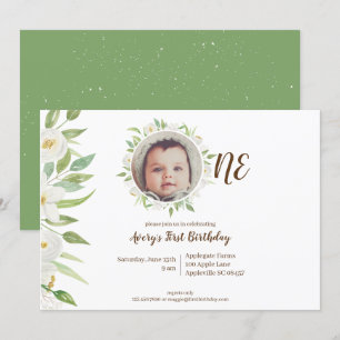 Elegant White & Grönt Blommigt Baby 1 födelsedag Inbjudningar