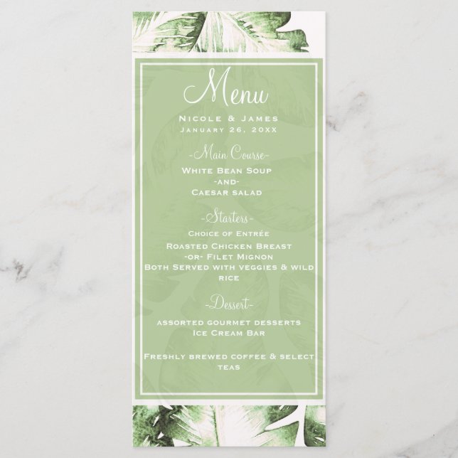 Elegant White Grönt Tropical Löv Bröllop Menu Meny (Framsida)
