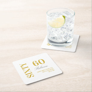 Elegant White & Guld 60:e födelsedagen Cocktail Pa Underlägg Papper Kvadrat
