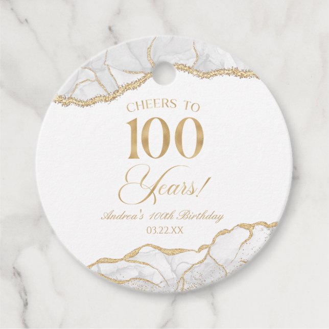 Elegant White Guld Agate 100:e Födelsedagsfesten Gåvor Etiketter (Framsida)