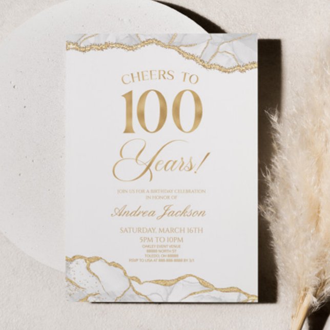 Elegant White Guld Agate 100:e Födelsedagsfesten Inbjudningar (Skapare uppladdad)
