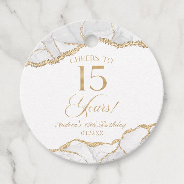Elegant White Guld Agate 15:e Födelsedagsfesten Gåvor Etiketter (Framsida)